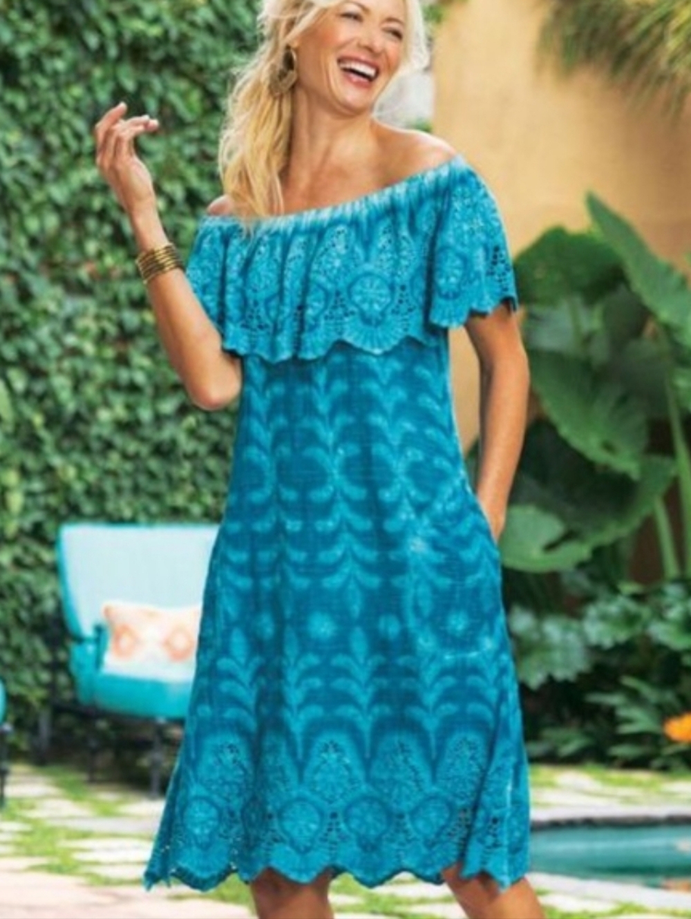 Soft Surroundings Teal Senorita Off the Shoulder Eyelet Midi Dress Size XL